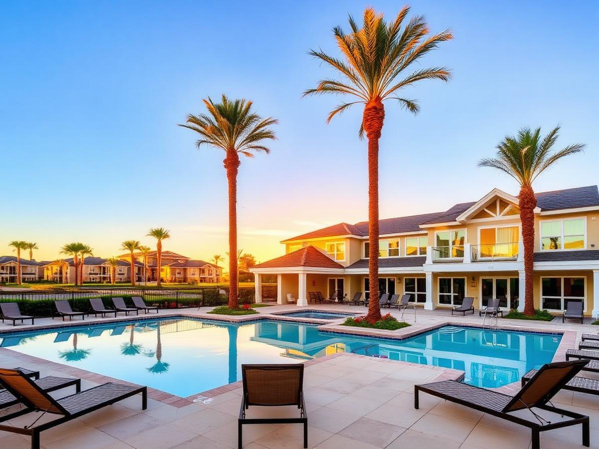 Modern community clubhouse and pool at sunset