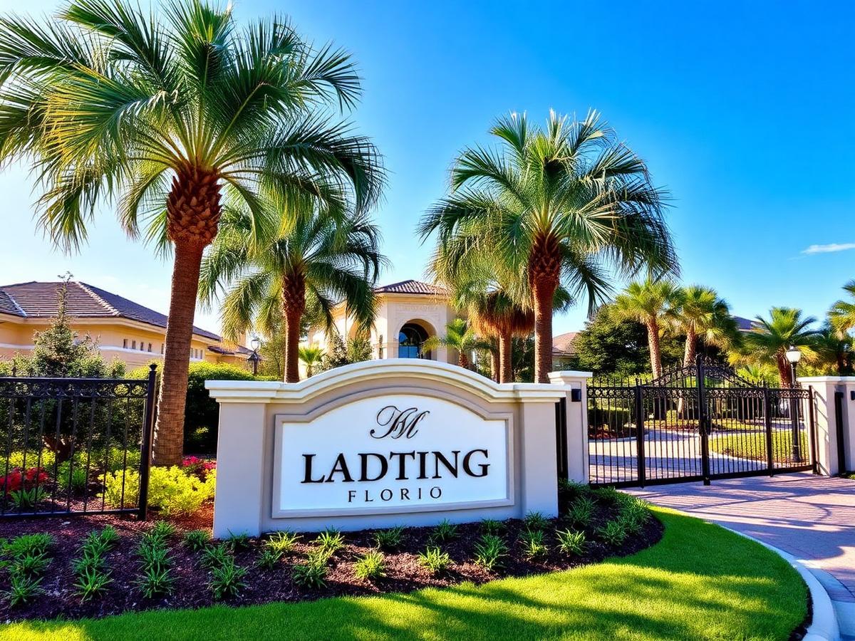 Elegant residential community entrance with palms