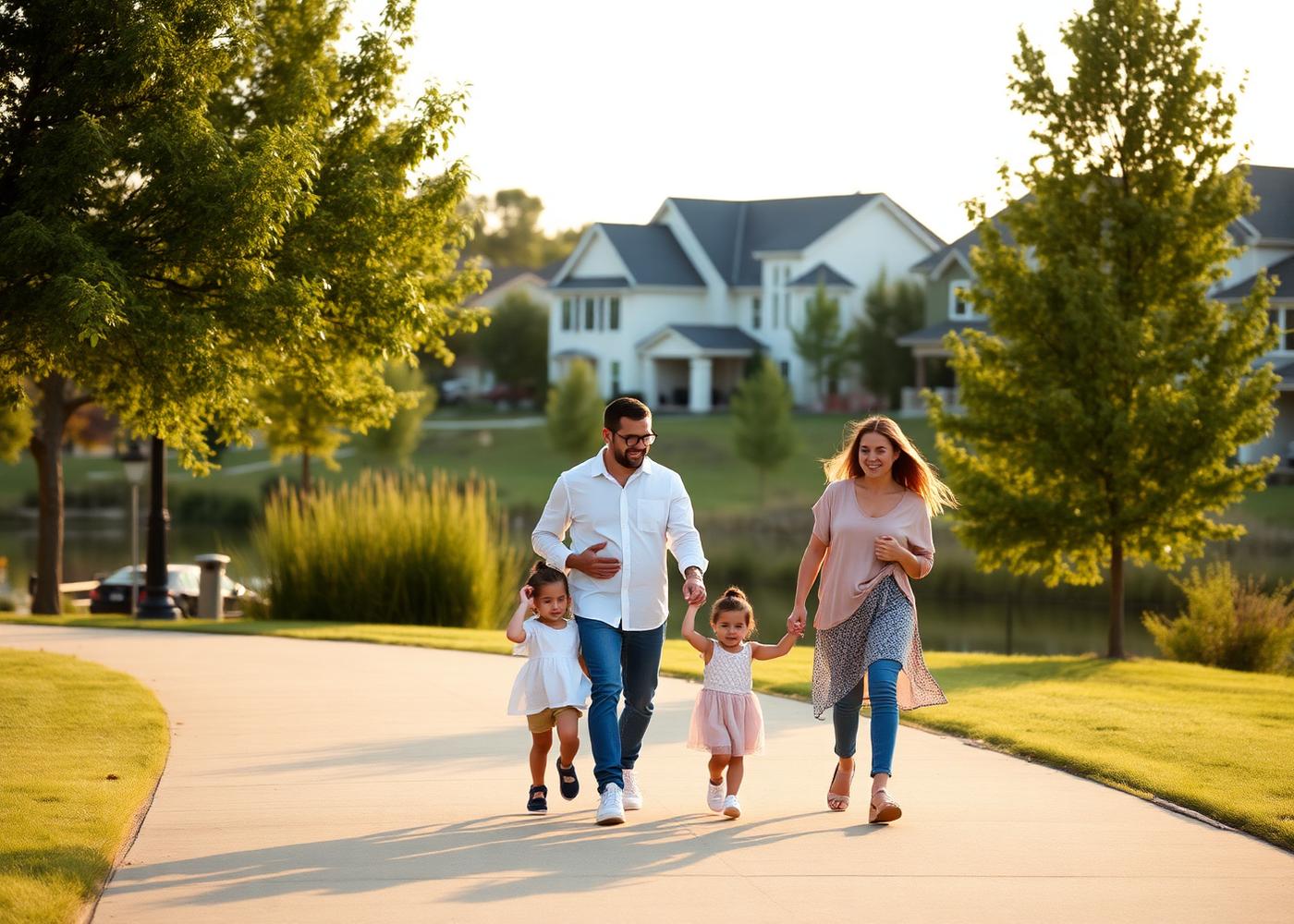 A family walking together through their neighborhood at golden hour