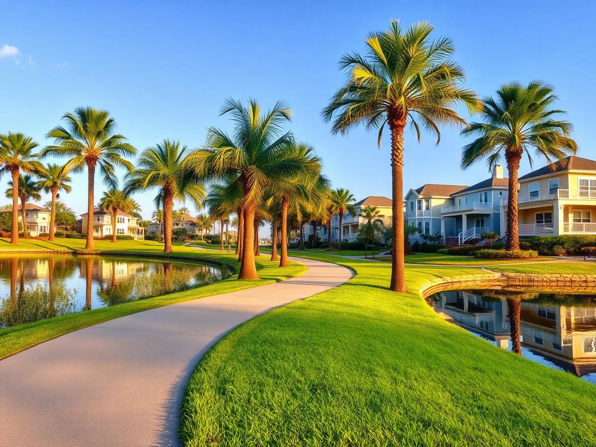 Lakeside walking path in a residential community